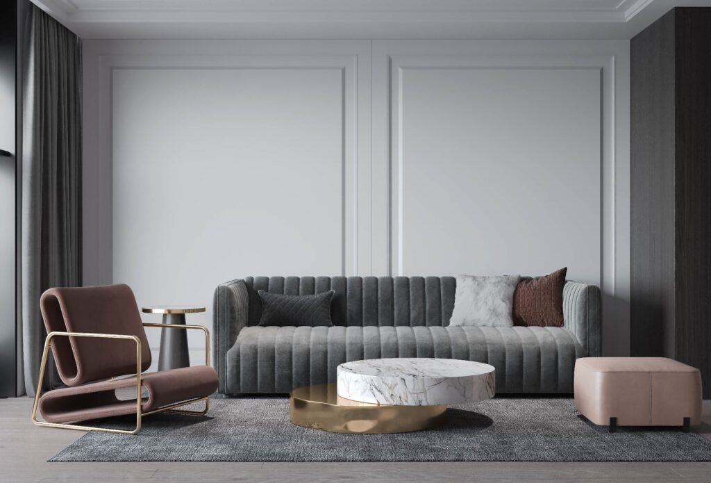 A calming psychologist office room with a grey couch