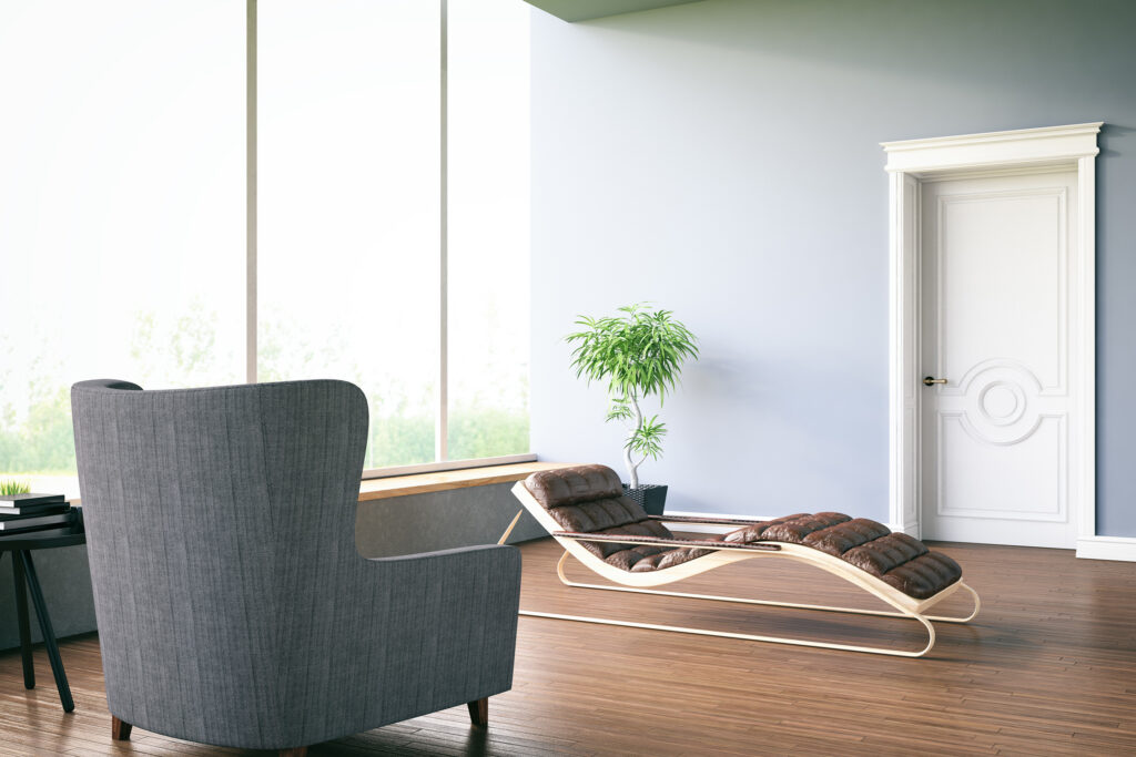 A calming psychologist's office with a reclining chair for therapy