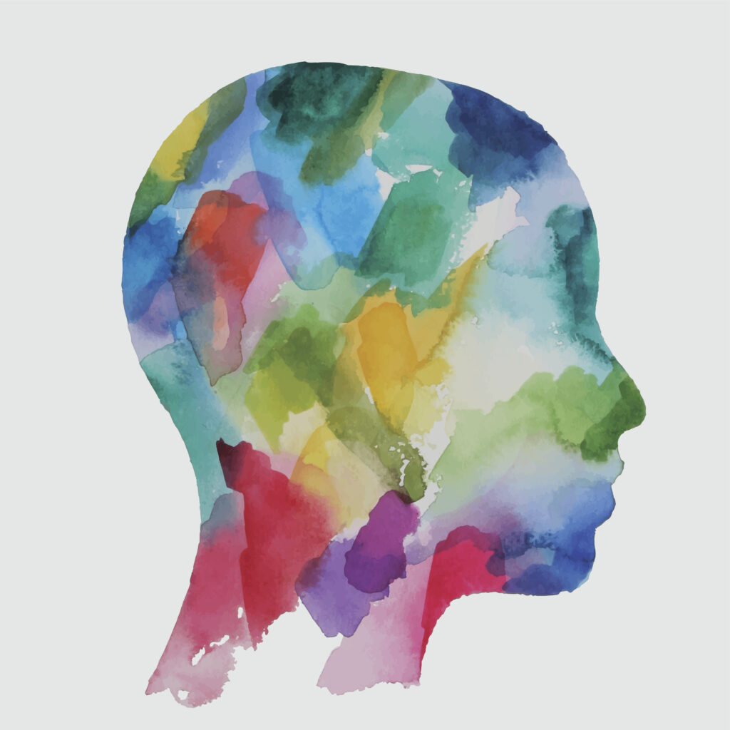 Abstract vector watercolor drawing of a child head. Colour of a paper background and head are separated on different layers.