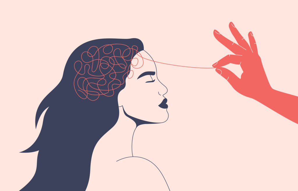 A bright drawing of a hand pulling a string from a woman's mind